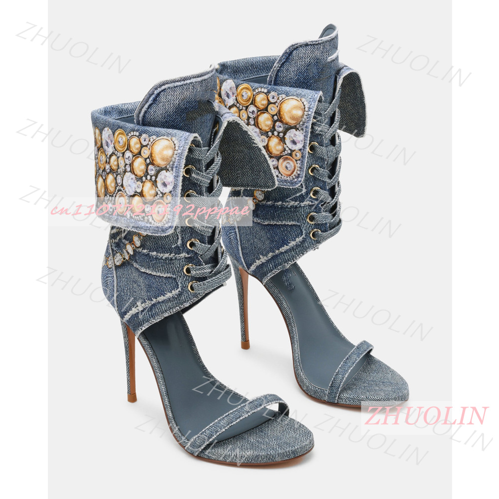 Women Shoes Us To Eu - Женские синие джинсовые босоножки с камнями,